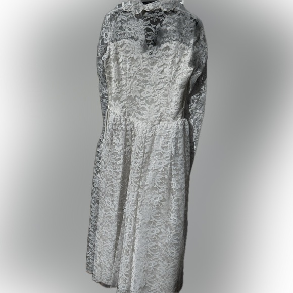 Lace Wedding Dress Vintage 1950s Collar Lace & Satin Wedding Long Sleeve - Picture 8 of 16